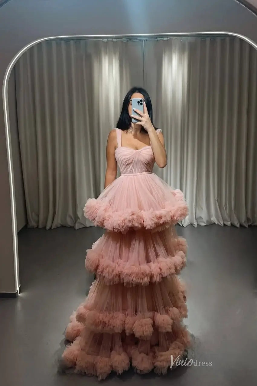 Blush Pink Tiered Tulle Prom Dress with Puffy Ruffles – RF008 – Viniodress