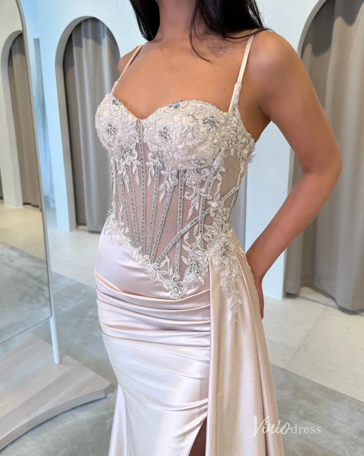Blush Satin Prom Dress with Beaded Corset Bodice, Overskirt, and High Slit – FD5192-Evening Dresses 2025 -Viniodress-Blush-Custom Size-
