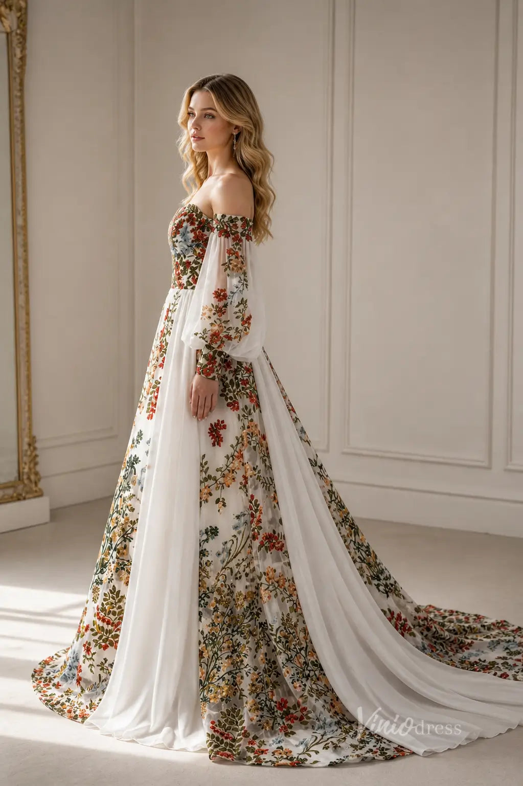 Boho Ivory Floral Embroidered Wedding Dress with Off-Shoulder Bishop Sleeves, Chiffon Overskirt & Chapel Train - FW268-wedding dresses 2026-Viniodress-Ivory-Custom Size – Add Measurements in Cart-