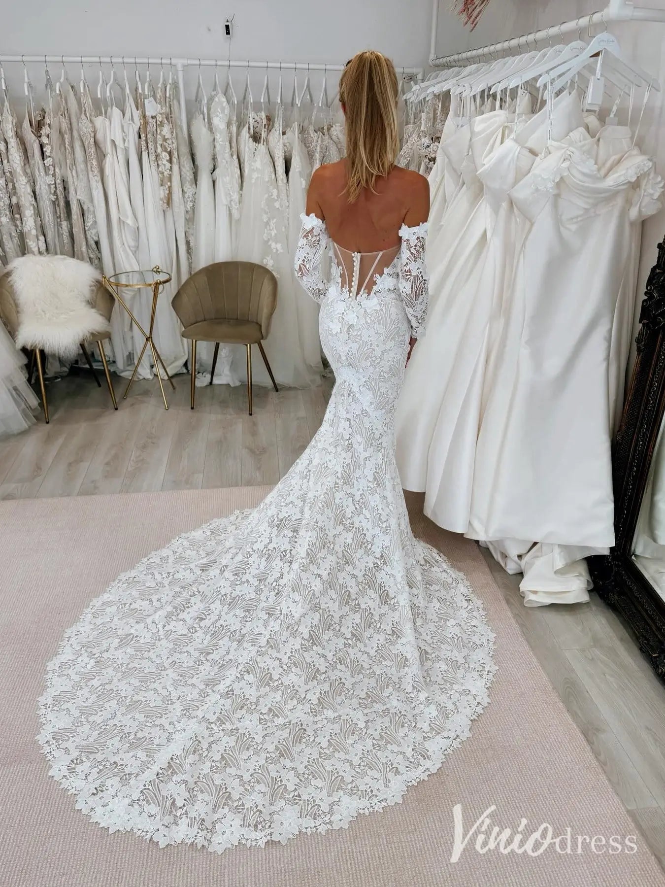 Boho Lace Mermaid Wedding Dress with Dramatic Train – ML109 – Viniodress