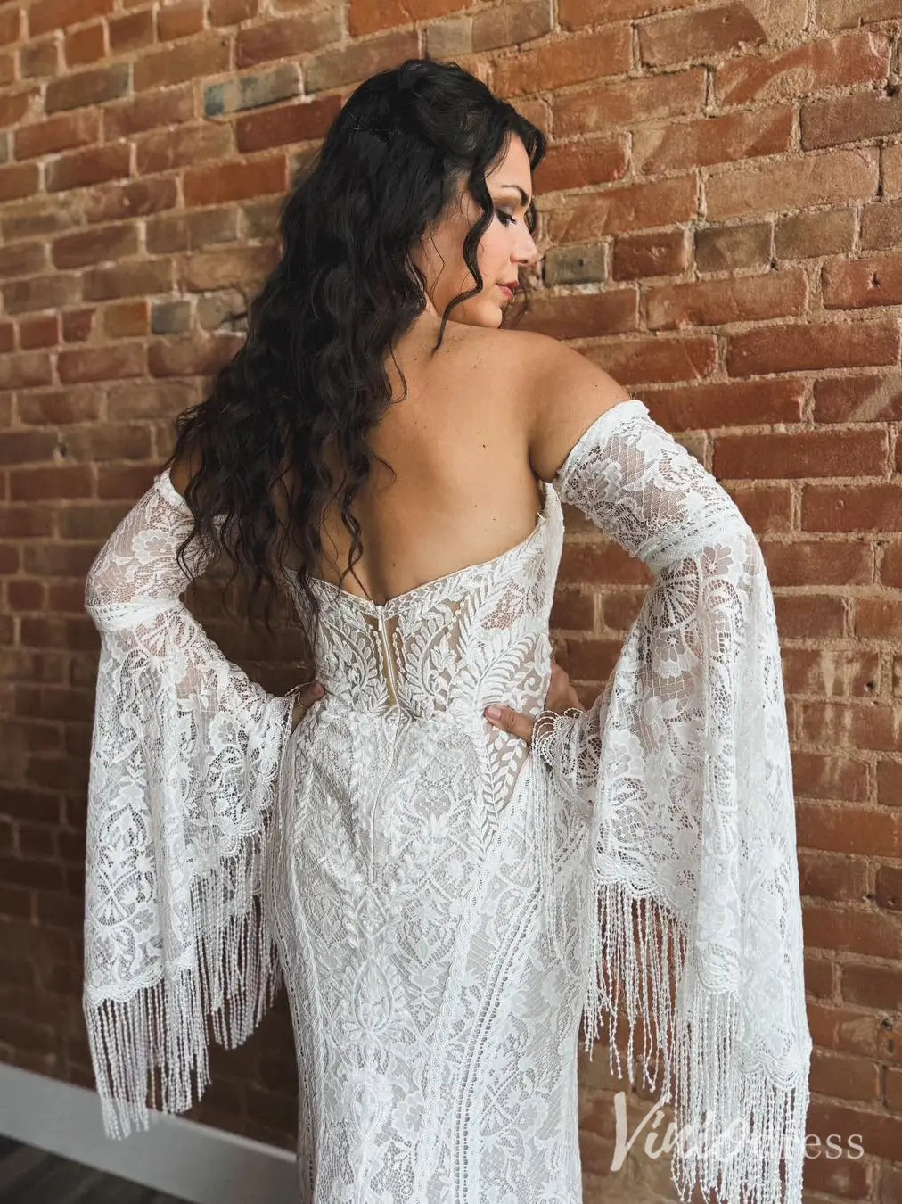 Boho Lace Mermaid Wedding Dress with Fringe Sleeves, Sweetheart Neckline, Chapel Train – BH120-wedding dresses 2025 -Viniodress-Ivory-Custom Size-