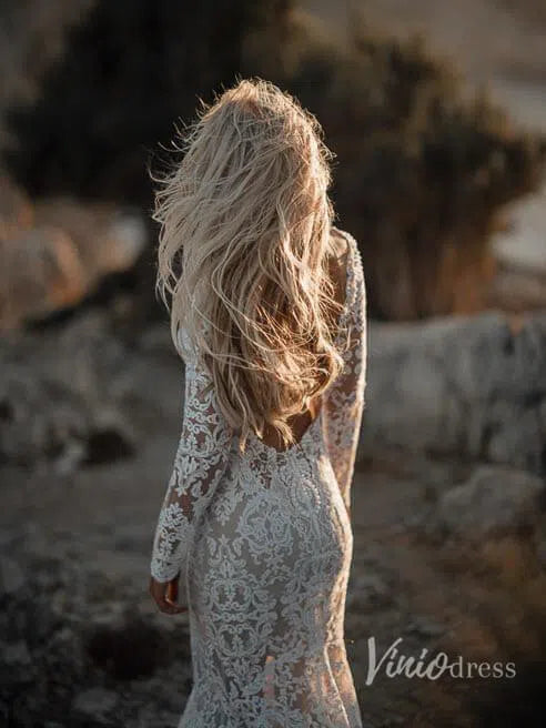 Boho Lace Mermaid Wedding Dresses with Sleeves Viniodress VW1112-wedding dresses 2025 -Viniodress-Beige-Custom Size-
