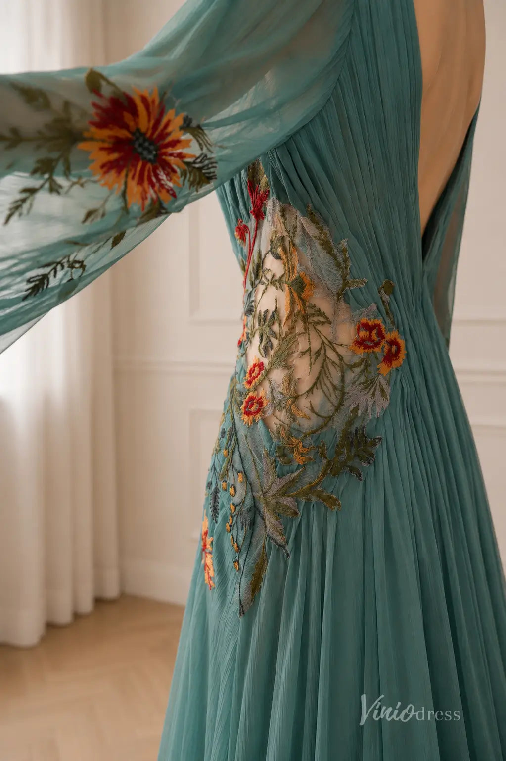 Boho Teal Botanical Embroidered Wedding Dress with Deep V Neck, Sheer Bell Sleeves & Chapel Train - FW292-wedding dresses 2026-Viniodress-Teal-Custom Size – Add Measurements in Cart-