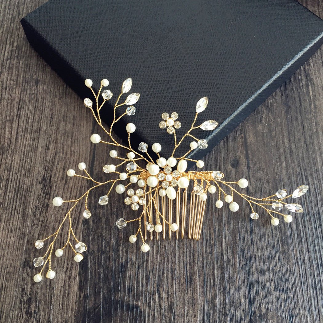 Bridal Comb Gold and Veil-Accessories 2025 -Viniodress-Ivory-