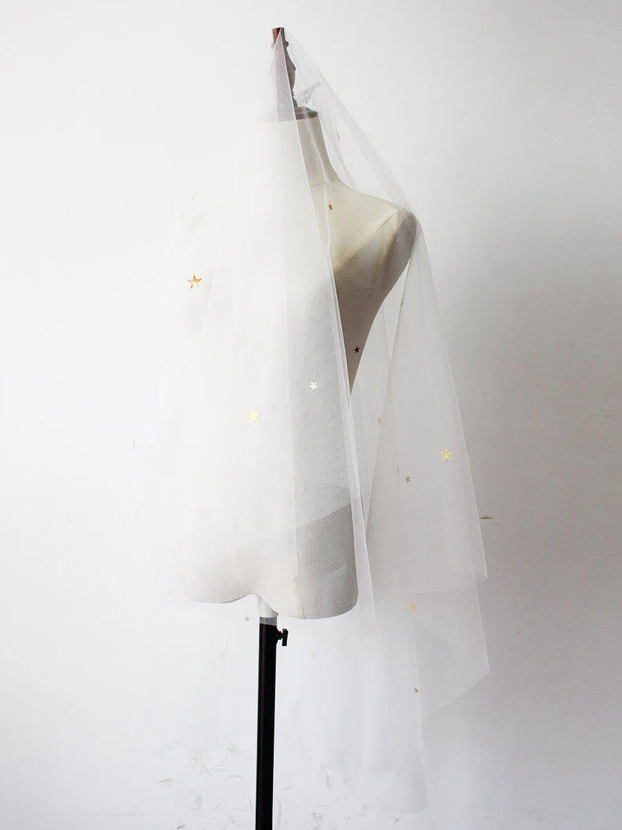 Bridal Drop Veils with Glittery Stars AC1006-Bridal Veil 2025 -Viniodress-Ivory-