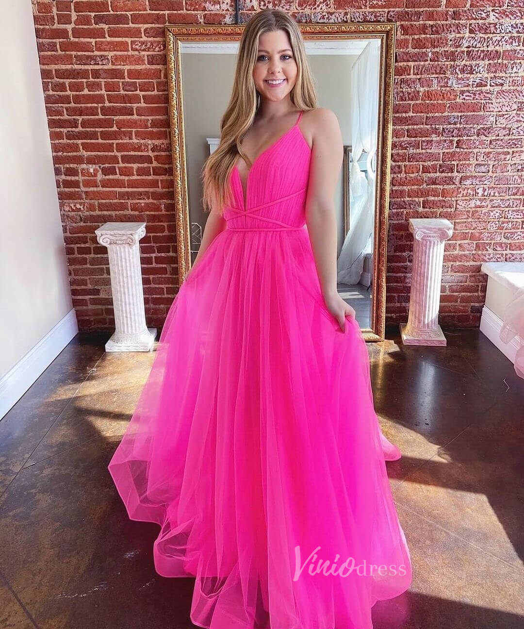 Bright Fuchsia Pink Tulle Prom Dresses Spaghetti Strap FD2544D  Viniodress