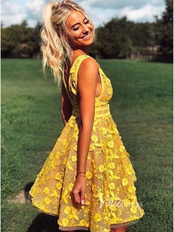Bright Yellow 3D Flower Lace Homecoming Dresses Short Prom Dress SD1430-Homecoming Dresses 2025 -Viniodress-Yellow-Custom Size-