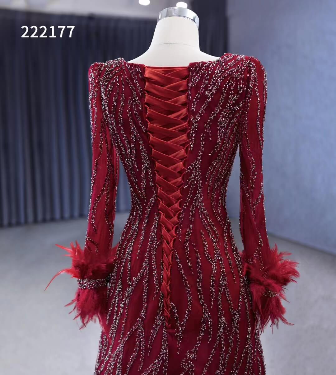 Burgundy Beade Formal Dresses Long Sleeve Prom Dress with Feathers 222177-wedding dresses 2025 -Viniodress-Burgundy-Custom Size-