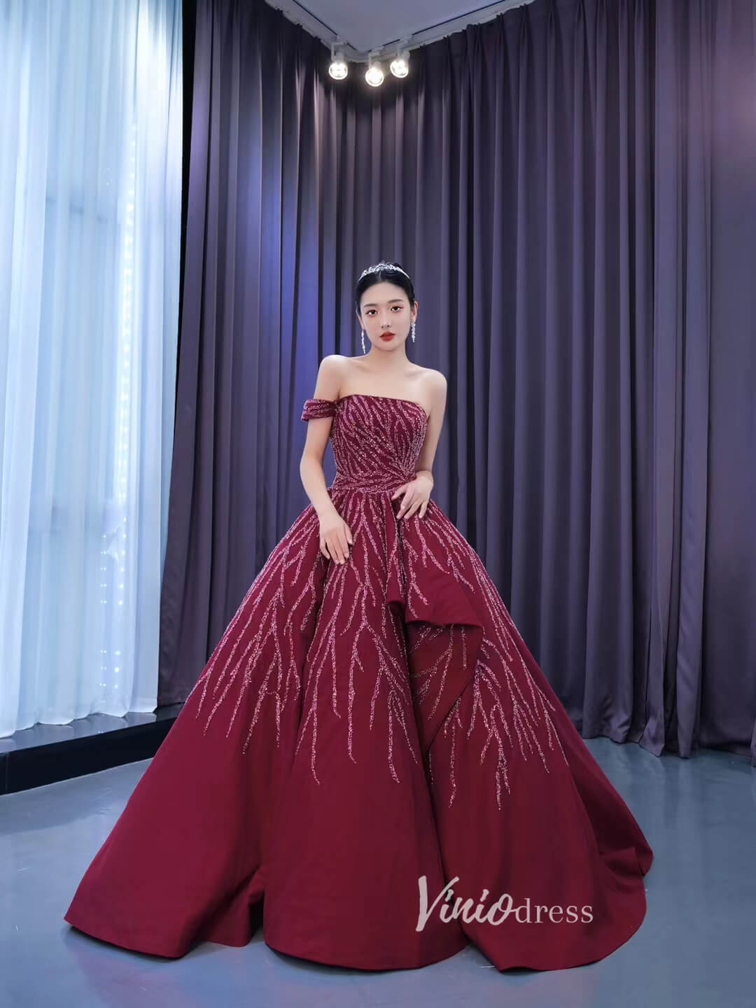Burgundy Cinderella Ball Gown Wine Red Wedding Dresses with Slit 222105 Burgundy / Custom Size, image size:1080x1440