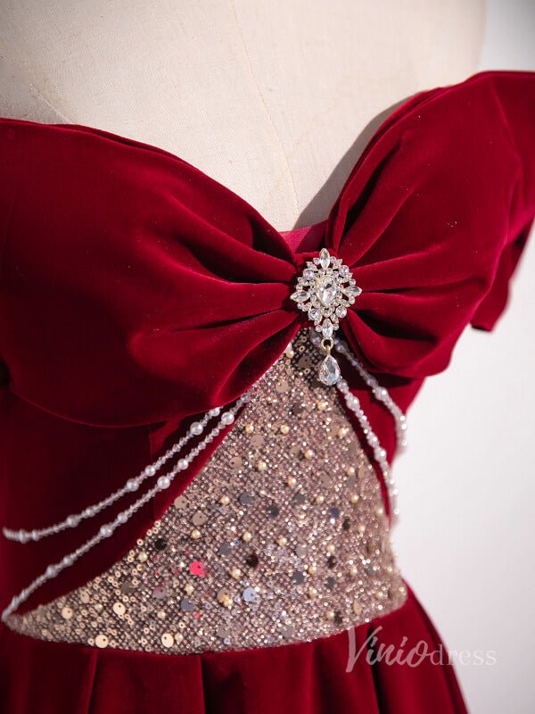 Burgundy Convertible Velvet Prom Dresses Bow Tie Beaded Bodice 90050-prom dresses 2025 -Viniodress-Burgundy-Custom Size-