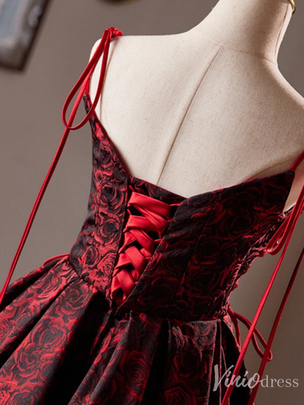 Burgundy Floral Print Homecoming Dress Satin Hoco 2024 Graduation Dress 8022-prom dresses 2025 -Viniodress-Burgundy-Custom Size-