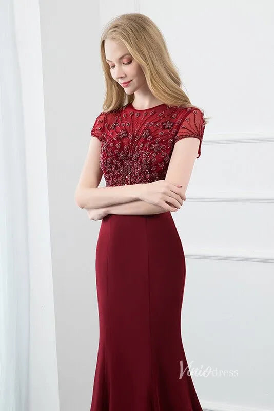 Burgundy Mermaid Prom Dresses Beaded Cap Sleeve Evening Dress FD2813-Evening Dresses 2025 -Viniodress-Burgundy-US 2-