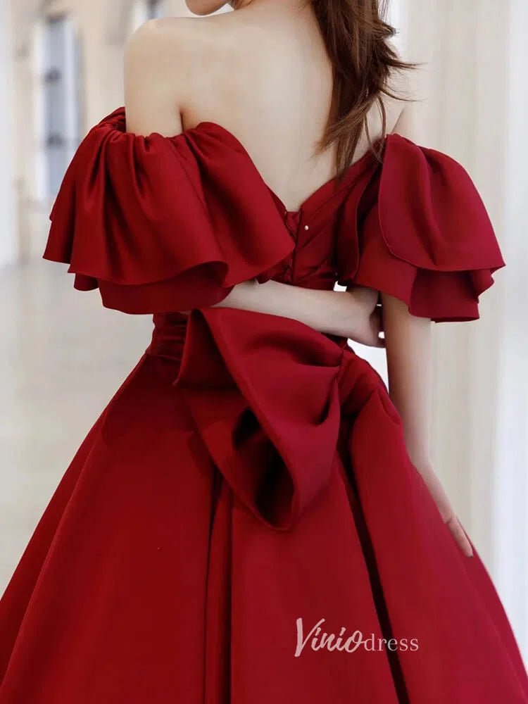 Burgundy Off the Shoulder Prom Dresses Pleated A-Line Evening Dress FD3168-prom dresses 2025 -Viniodress-Burgundy-Custom Size-