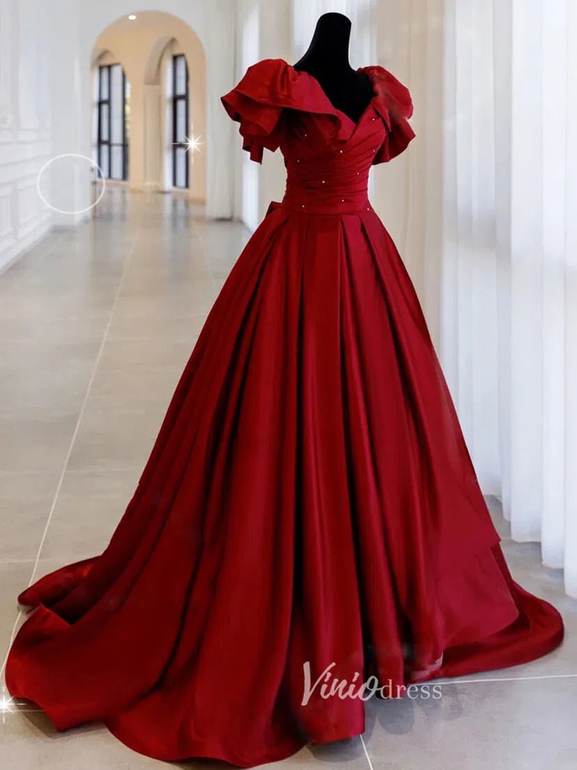 Burgundy Off the Shoulder Prom Dresses Pleated A-Line Evening Dress FD   Viniodress