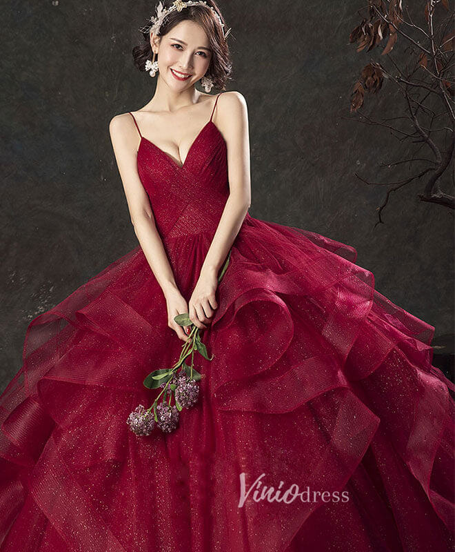 Burgundy Ruffled Tiered Prom Dresses Spaghetti Strap Evening Dress FD3155B-prom dresses 2025 -Viniodress-Burgundy-Custom Size-