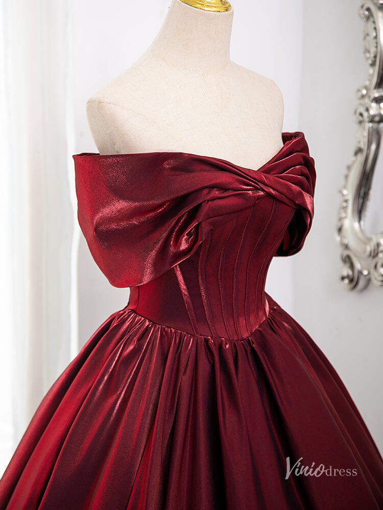 Burgundy Satin Minimalist Prom Ball Gown Off the Shoulder Crossed Quinceanera Dresses BG012-prom dresses 2025 -Viniodress-Burgundy-Custom Size-