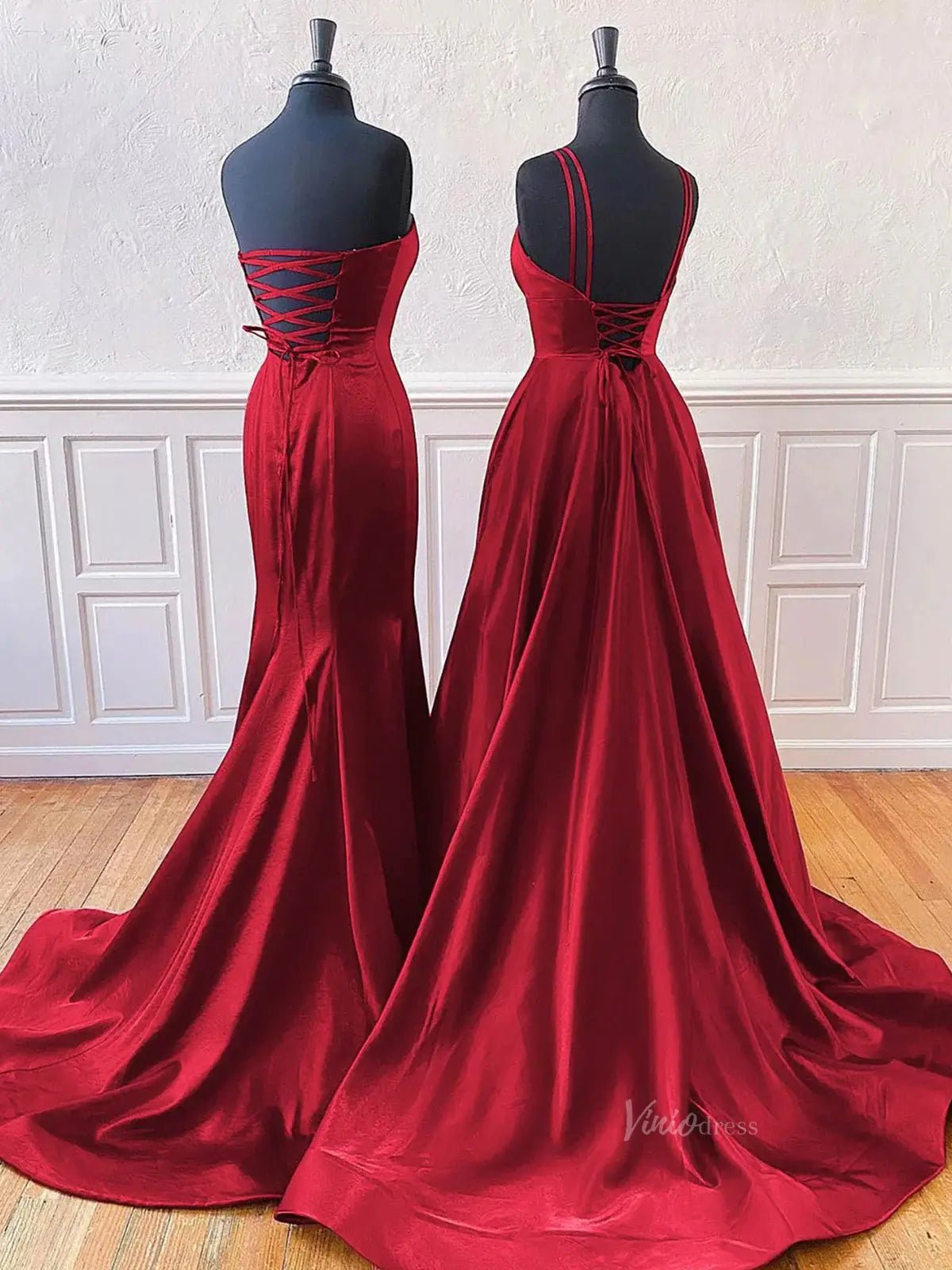 Burgundy Satin Prom Dresses with Slit & Spaghetti Straps - FD5145-prom dresses 2025 -Viniodress-A-line-Burgundy-Custom Size