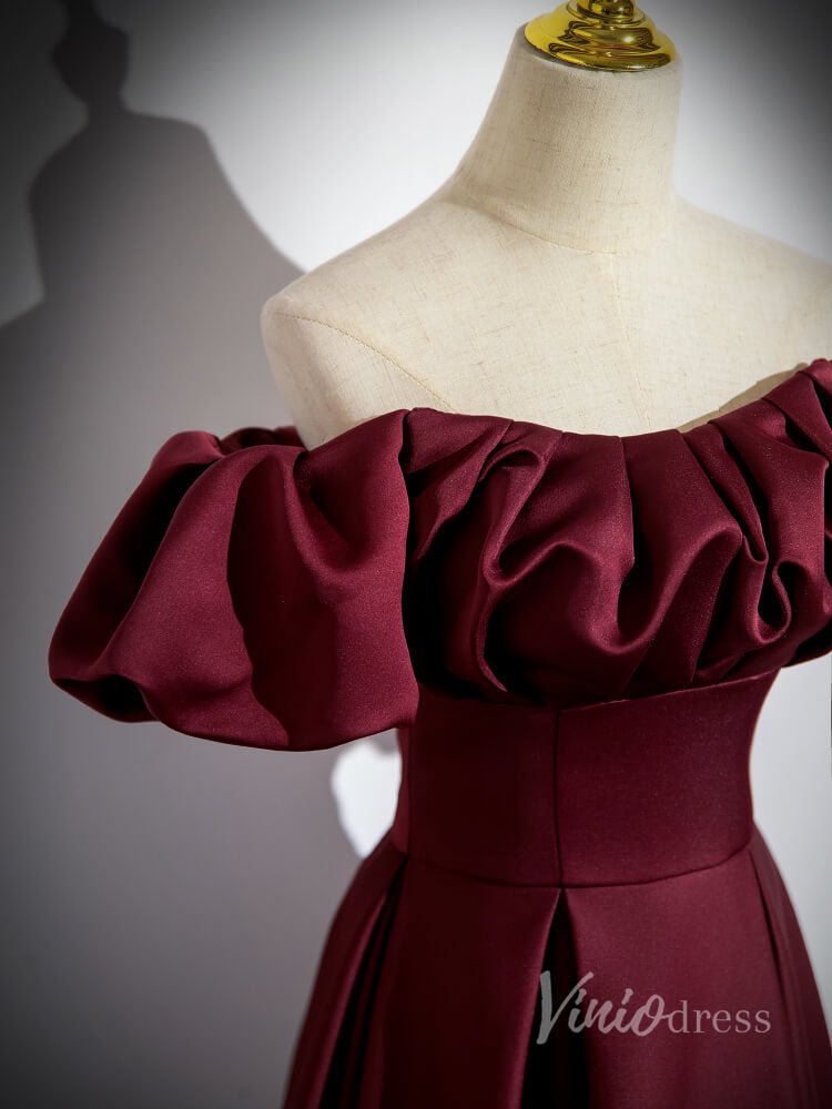 Burgundy Satin Puffed Sleeve Prom Dresses Off the Shoulder Formal Gown 90035-prom dresses 2025 -Viniodress-Burgundy-Custom Size-