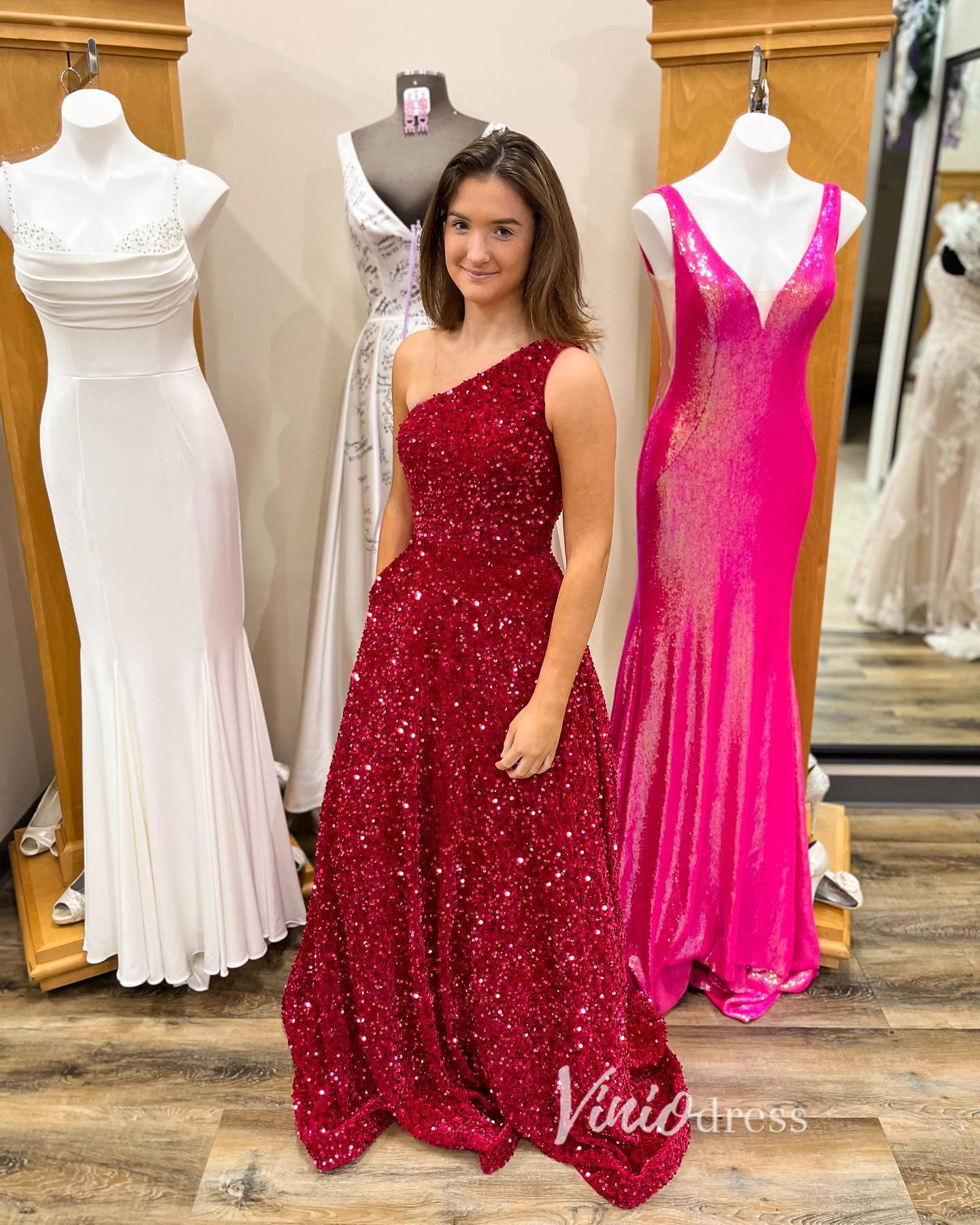 Burgundy Sequin Prom Dresses with Pockets One Shoulder Formal Gown FD3293-prom dresses 2025 -Viniodress-Burgundy-Custom Size-