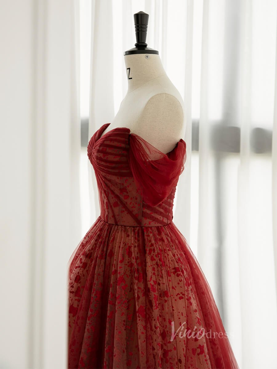 Burgundy Shimmering Tulle Prom Dresses Off the Shoulder Formal Dress AD1075-prom dresses 2025 -Viniodress-Burgundy-Custom Size-