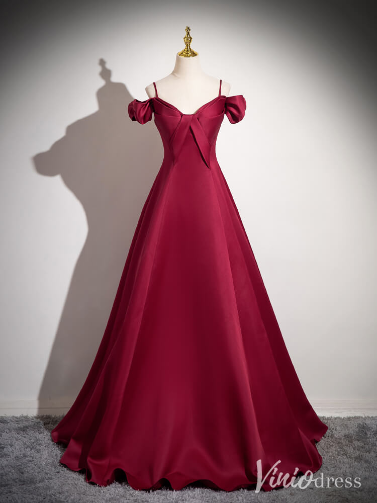 Burgundy Spaghetti Strap Satin Prom Dresses Puffed Sleeve Formal Dress   Viniodress