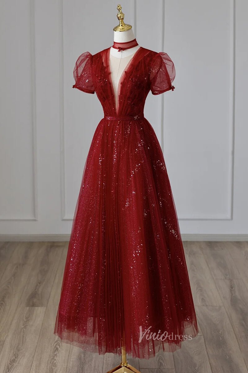 Burgundy Sparkly Tulle Prom Dresses Tea-Length Formal Dress FD3234 Viniodress Burgundy Sparkly Tulle Prom Dresses Tea-Length Formal Dress FD3234 Viniodress