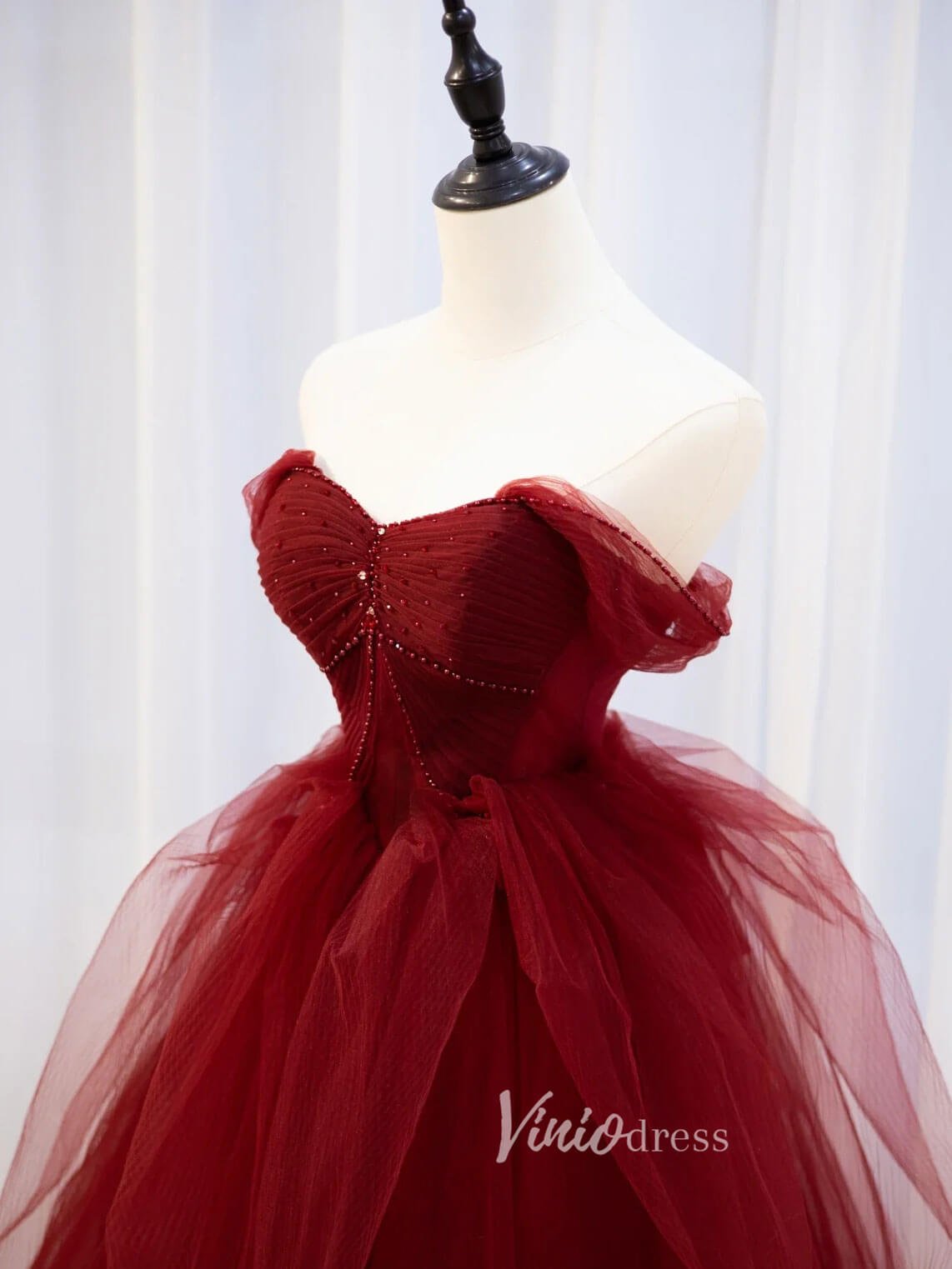 Burgundy Strapless Prom Dresses Pleated Tulle Evening Dress FD3099-prom dresses 2025 -Viniodress-Burgundy-Custom Size-