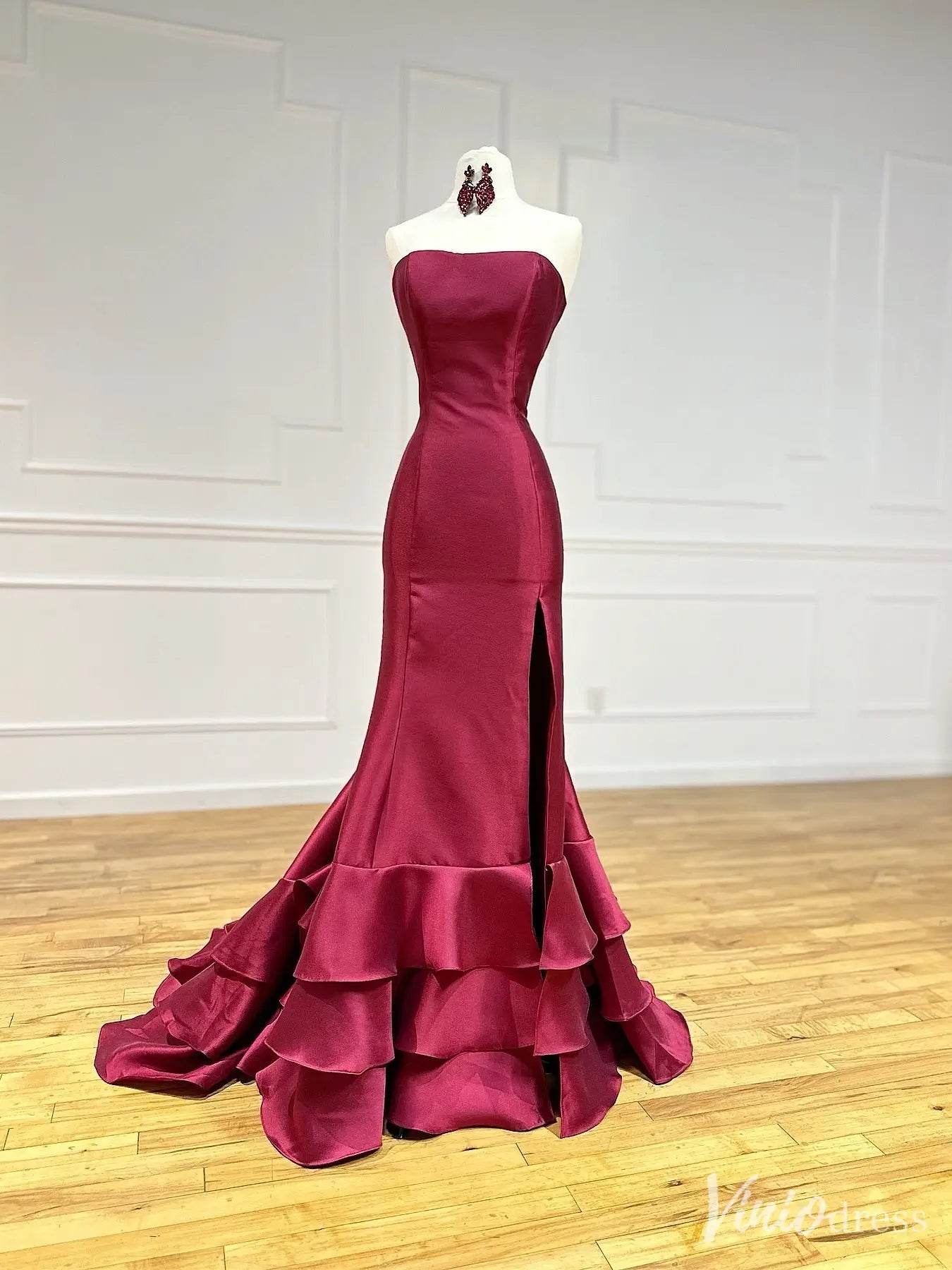 Burgundy Strapless Satin Mermaid Prom Dress with Tiered Ruffle Hem and Slit – FD6156-prom dresses 2025 -Viniodress-Burgundy-Custom Size-