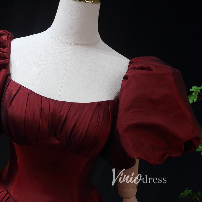 Burgundy Taffeta Prom Dress with Puffed Sleeves & Corset Back FD3455-prom dresses 2025 -Viniodress-Burgundy-Custom Size-