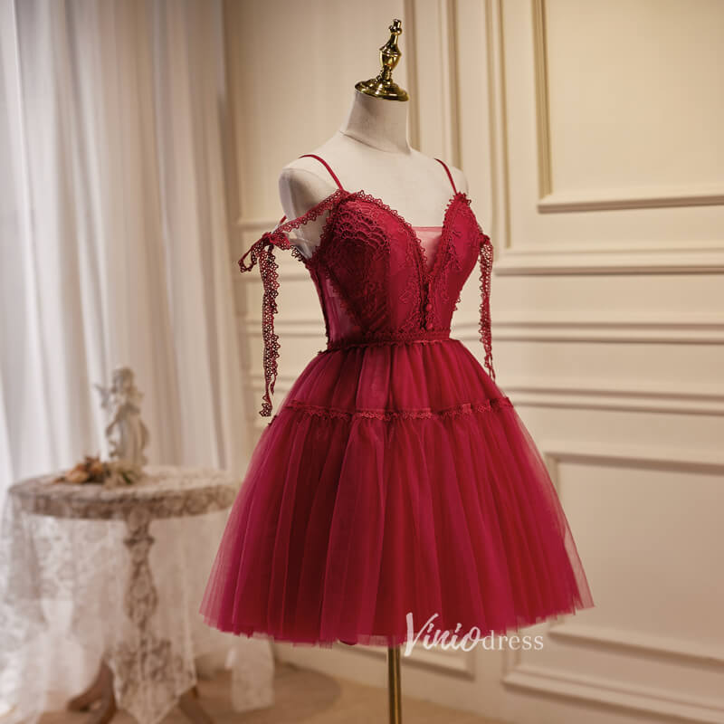Burgundy Tulle Homecoming Dresses Spaghetti Strap Short Prom Dress SD1585-prom dresses 2025 -Viniodress-Burgundy-Custom Size-
