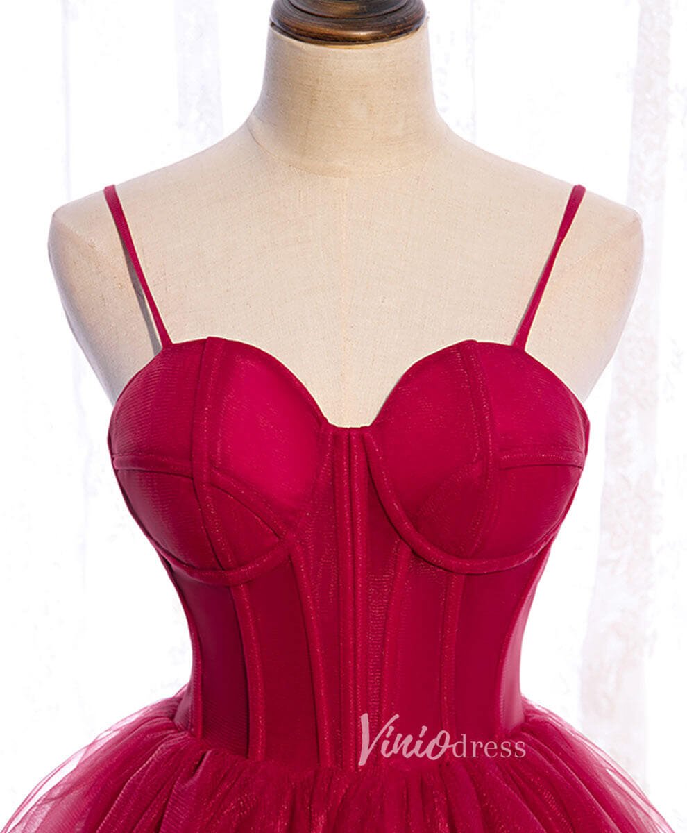 Burgundy Tulle Prom Dresses Spaghetti Strap Evening Dress FD3199-prom dresses 2025 -Viniodress-Burgundy-Custom Size-