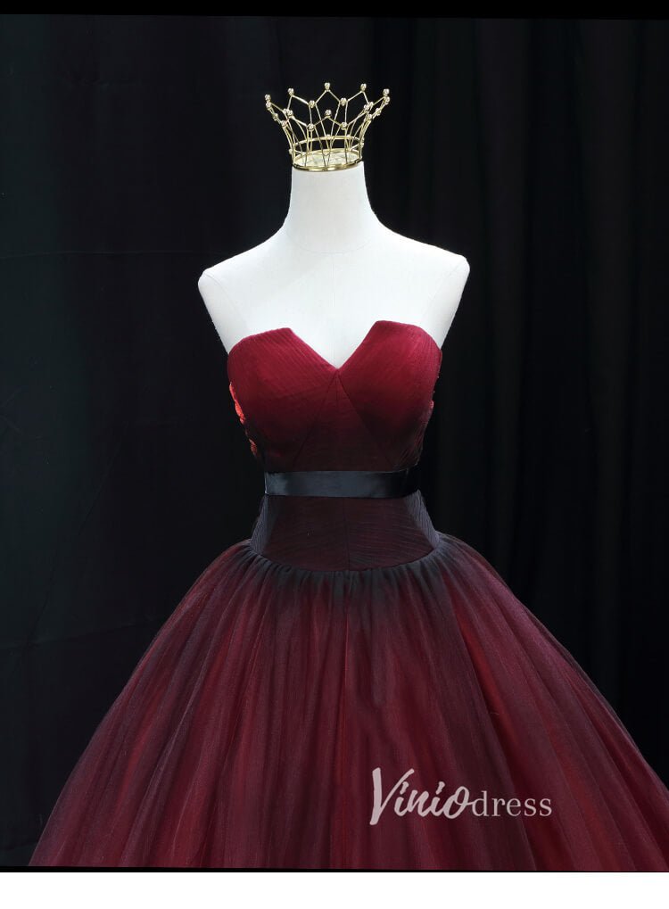 Burgundy Tulle Prom Dresses Strapless Evening Gown FD3454-prom dresses 2025 -Viniodress-Burgundy-Custom Size-