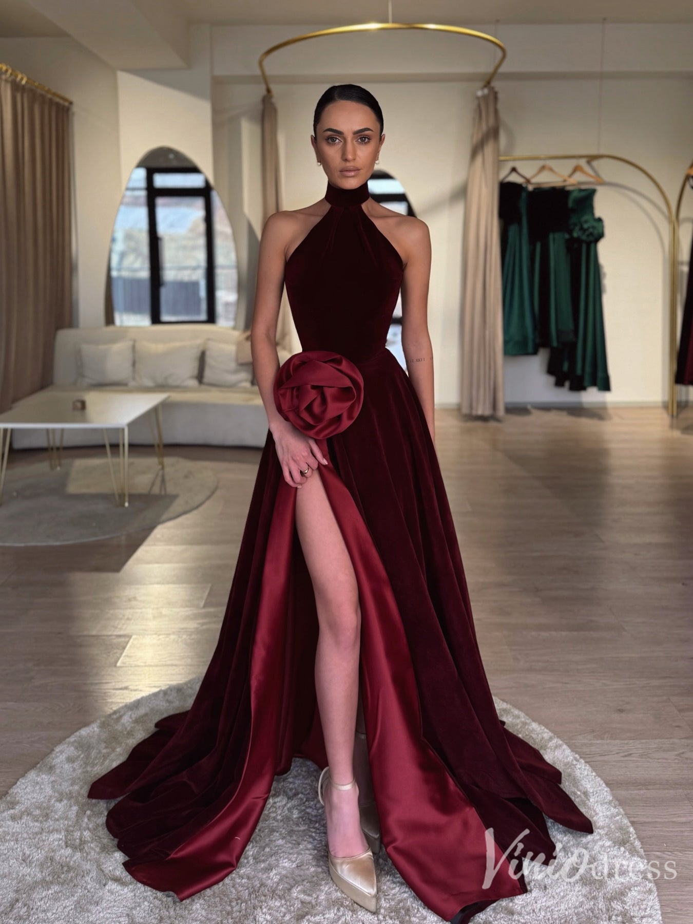 Burgundy Velvet Halter Prom Dress with Slit and Satin Rose – FD6125