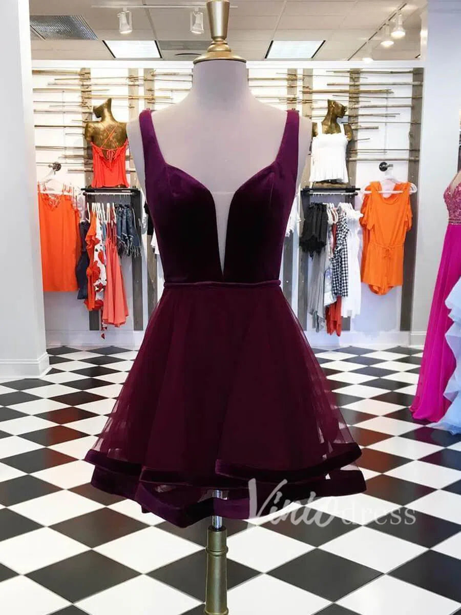 Burgundy Velvet Homecoming Dresses Deep V Neck SD1152-Homecoming Dresses 2025 -Viniodress-Burgundy-Custom Size-