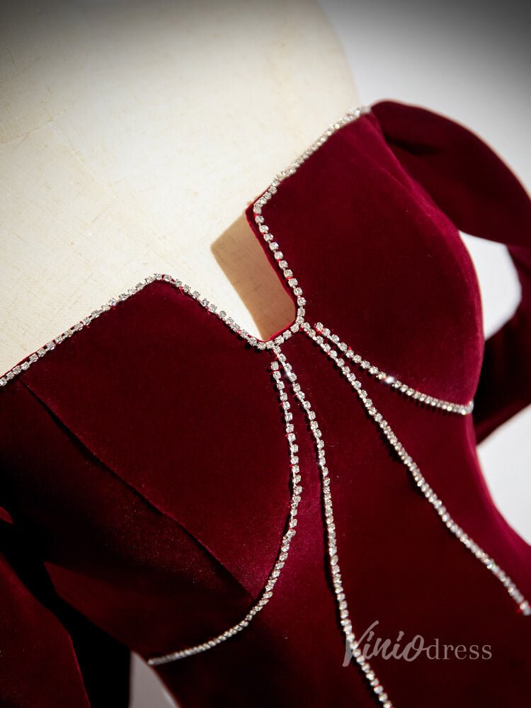 Burgundy Velvet Prom Dresses 2024 Off the Shoulder Formal Dress 90034-prom dresses 2025 -Viniodress-Burgundy-Custom Size-