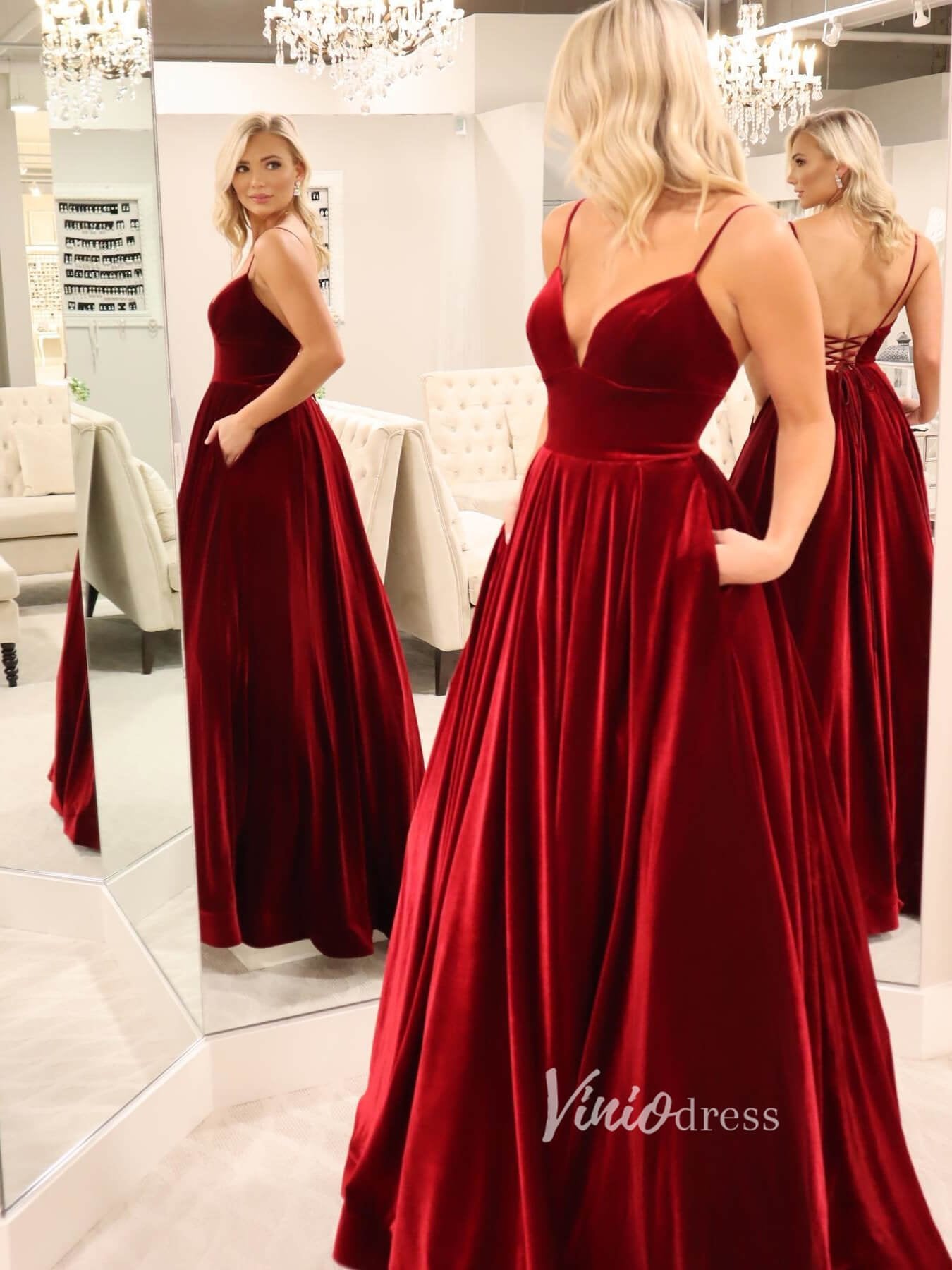 Burgundy Velvet Prom Dresses with Pockets FD2726-prom dresses 2025 -Viniodress-Burgundy-Custom Size-