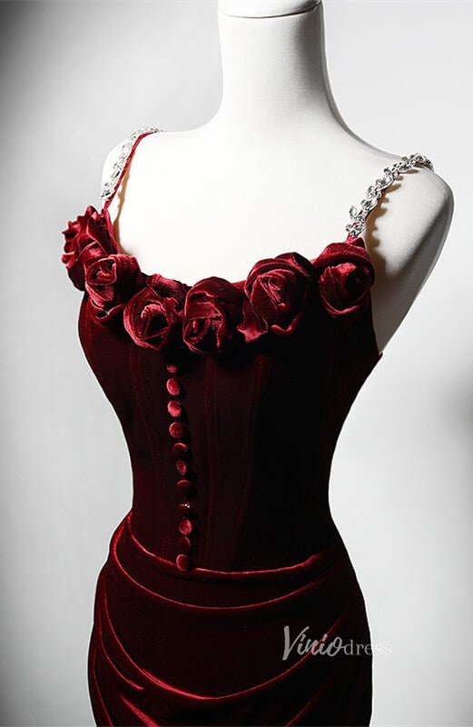 Burgundy Velvet Rosette Prom Dresses Mermaid Spaghetti Strap Formal Dress AD1215-prom dresses 2025 -Viniodress-Burgundy-Custom Size-