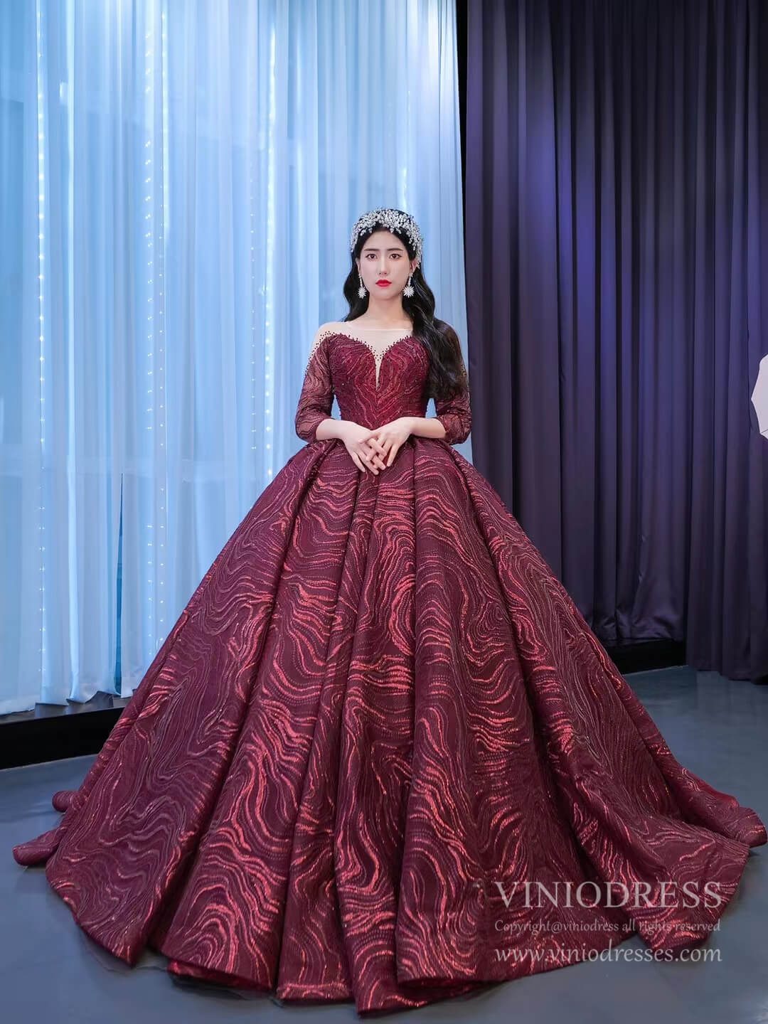 Burgundy Wine Quince Dresses Beaded Lace Princess Dress Viniodress 673