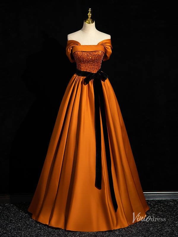 Burnt Orange Satin Prom Dresses with Black Belt Off the Shoulder Quinceanera Dresses BG044-prom dresses 2025 -Viniodress-Orange-Custom Size-