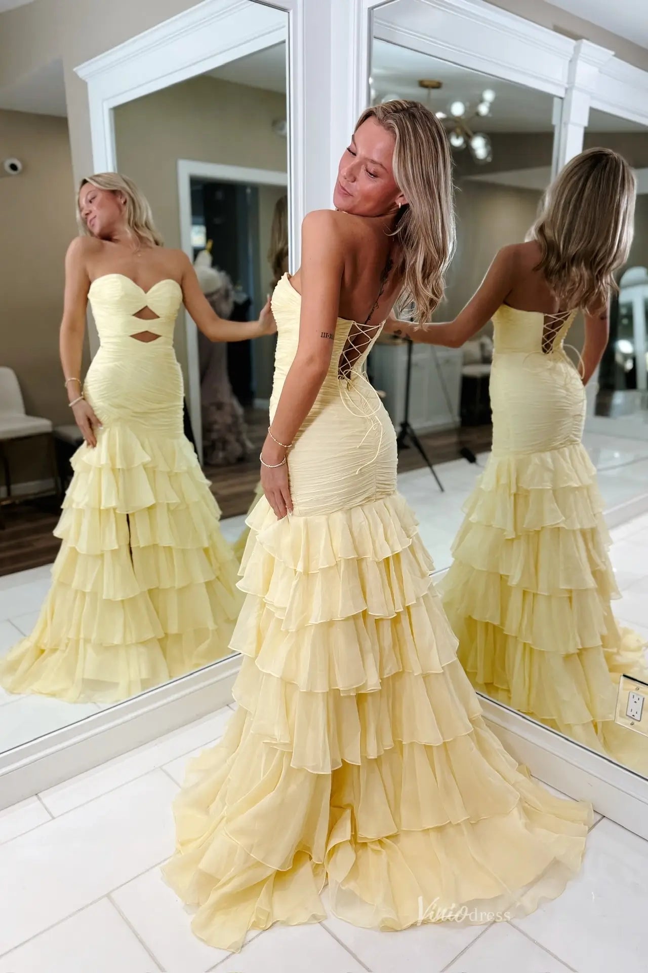 Butter Yellow Strapless Ruffled Mermaid Prom Dress with Cutout Bodice & Slit RF167-prom dresses 2026-Viniodress-Butter Yellow-Custom Size-
