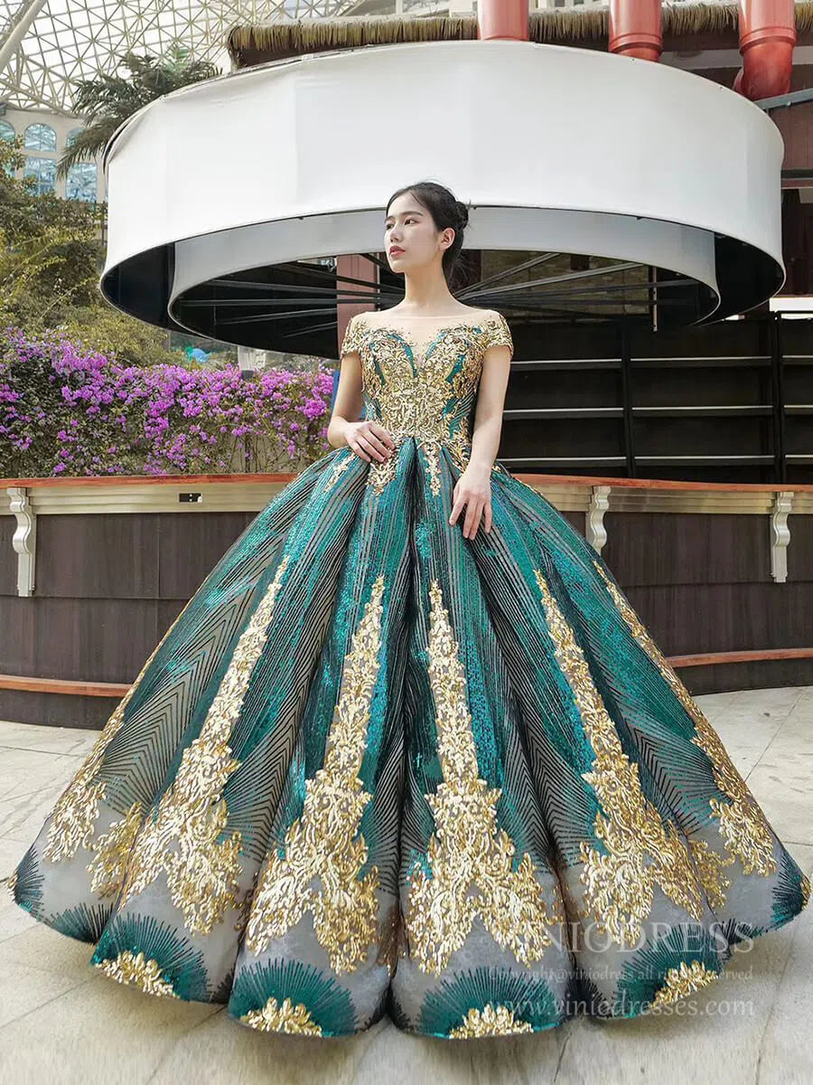 Cap Sleeve Dark Green Ball Gowns Sparkly Sequin Wedding Dress 66754 vi –  Viniodress