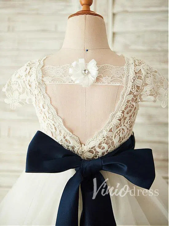 Cap Sleeve Flower Girl Dresses Navy Sash GL1015-flower girl dresses 2025 -Viniodress-Ivory-Custom Size-