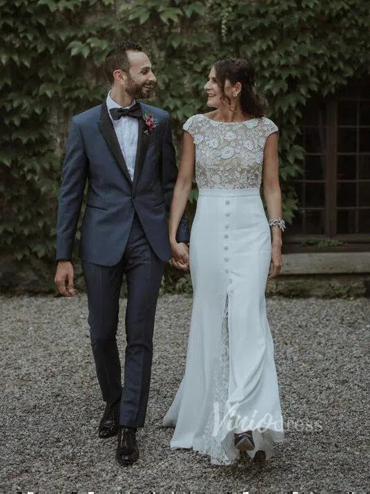 Cap Sleeve Sheath Lace Wedding Dresses with Slit Viniodress VW1067-wedding dresses 2025 -Viniodress-Ivory-Custom Size-