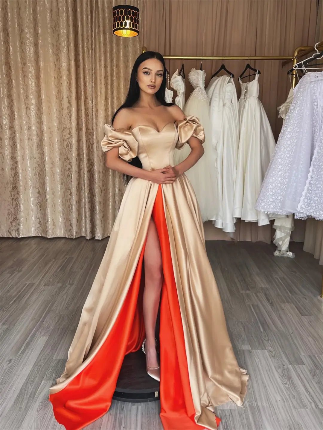 Champagne and Orange Satin Prom Dresses 2025 Puffed Sleeve Formal Gown –  Viniodress