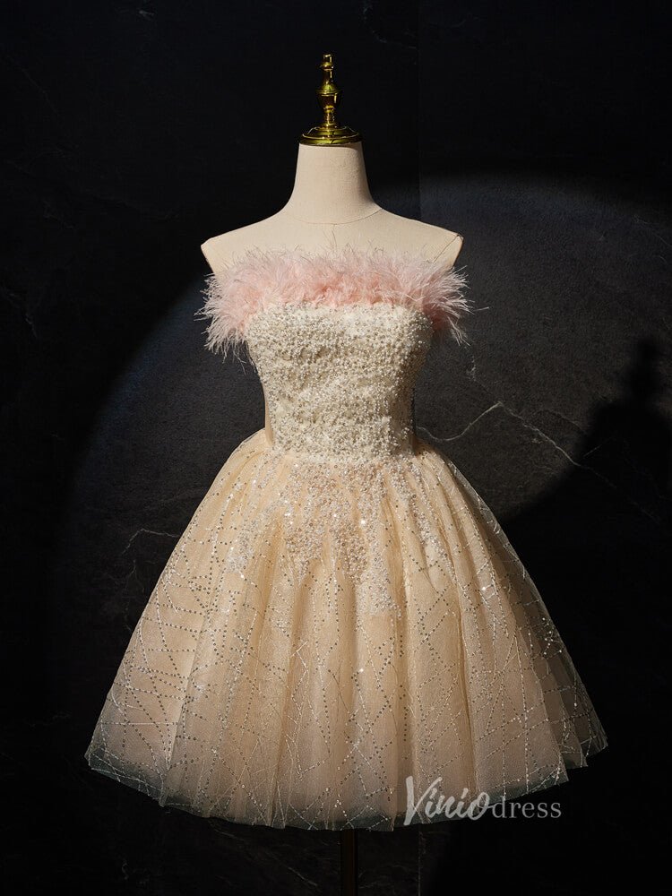 Champagne Beaded Homecoming Dresses Strapless Feather Party Dress BJ02 –  Viniodress