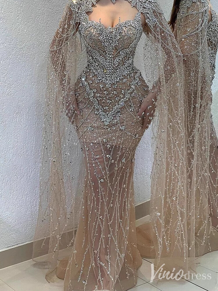 Champagne Beaded Lace Mermaid Prom Dresses Sheer Cape Sleeve Pageant D –  Viniodress