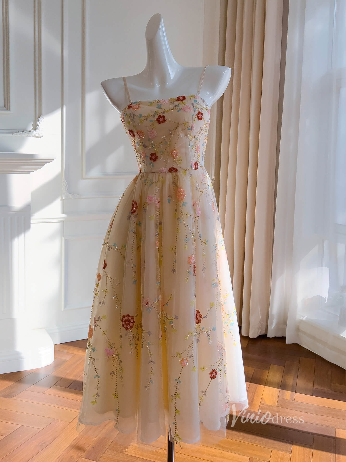 Champagne Beaded Lace Prom Dresses Spaghetti Strap Maxi Dress FD4025-prom dresses 2025 -Viniodress-Champagne-Custom Size-