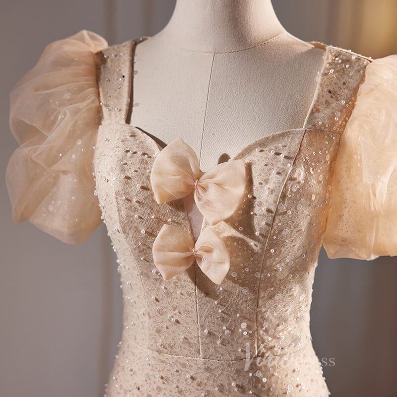 Champagne Beaded Mermaid Prom Dresses Puffed Sleeve Evening Dress AD1091-prom dresses 2025 -Viniodress-Champagne-Custom Size-