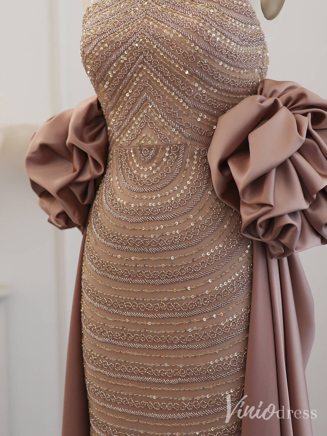 Champagne Beaded Puffed Sleeve Prom Dresses with Overskirt Vintage Evening Dress 20240-Evening Dresses 2025 -Viniodress-Champagne-US 2-