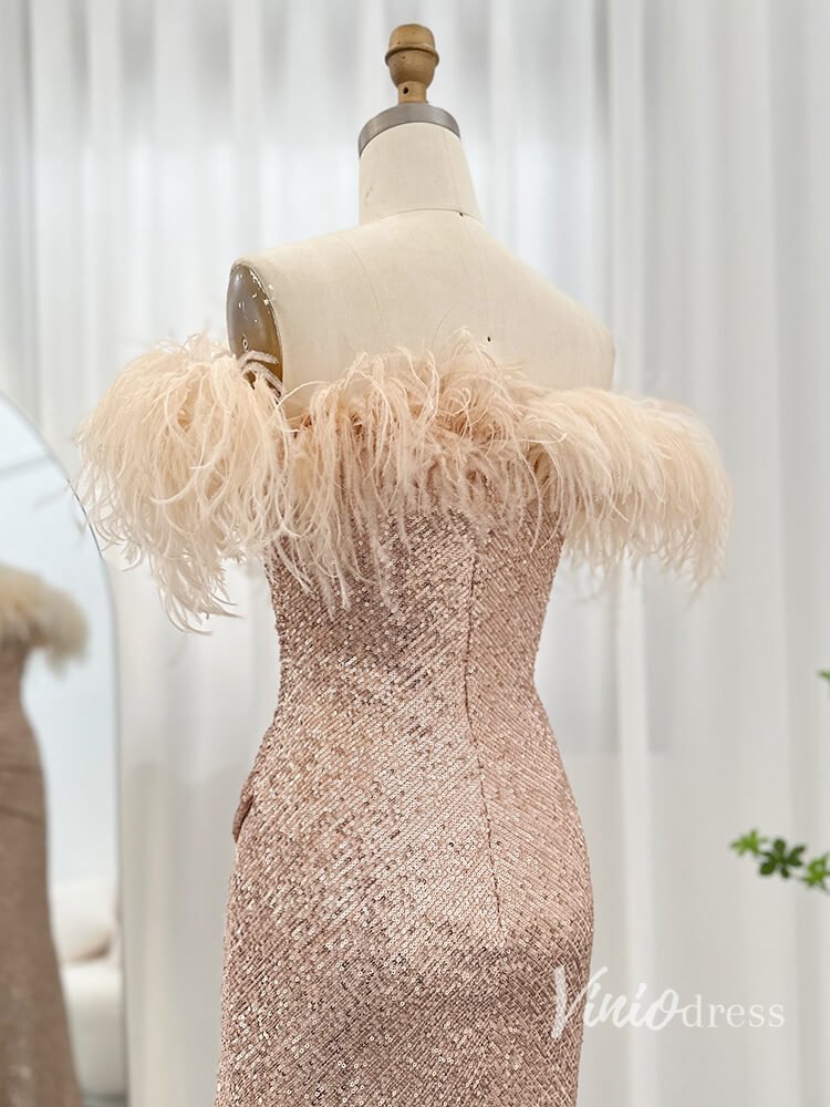 Champagne Beaded Sequin Mermaid Evening Dresses with Slit Strapless Prom Dress AD1163-Evening Dresses 2025 -Viniodress-Champagne-US 2-